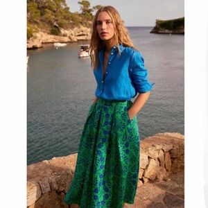 Boden Verity Pure Linen green and blue floral midi skirt, size 6R